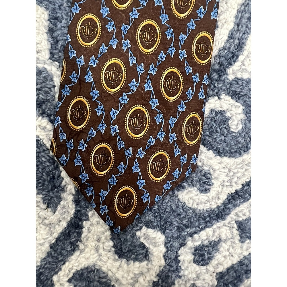 Vintage Christian Dior Monsieur Tie Brown Blue Trellis Gold Logo Silk France